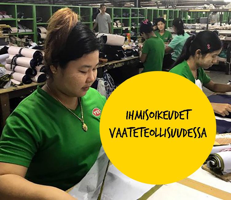 Nainen ompelee vaatetta aasialaisessa tekstiilitehtaassa. keltaisella pohjalla teksti "ihmisoikeudet vaateteollisuudessa".