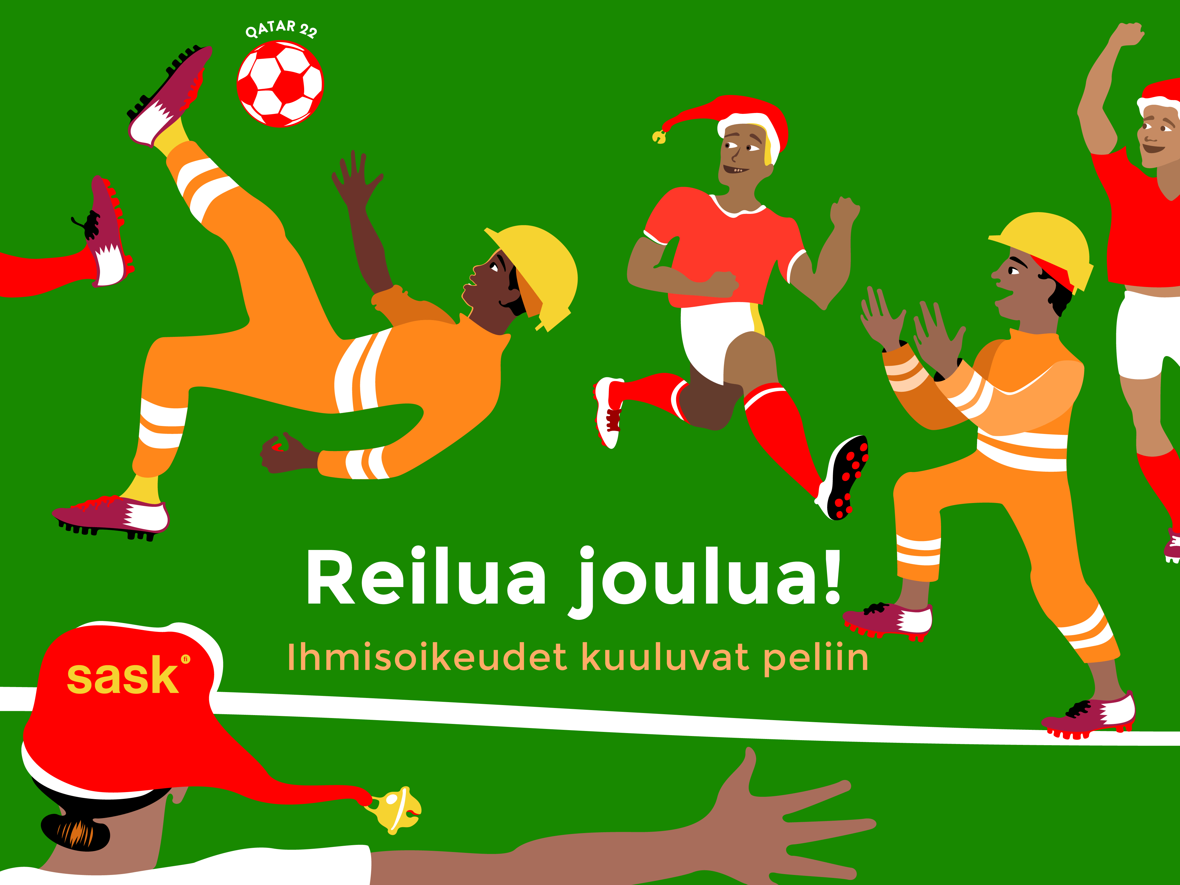Siirtotyöntekijät ja jalkapalloilijat pelaavat yhdessä jalkapalloa piirroskuvassa