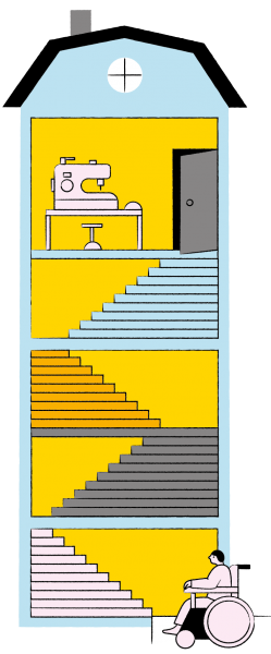 Piirroskuva, jossa paljon portaita ja ompelukone yläkerrassa