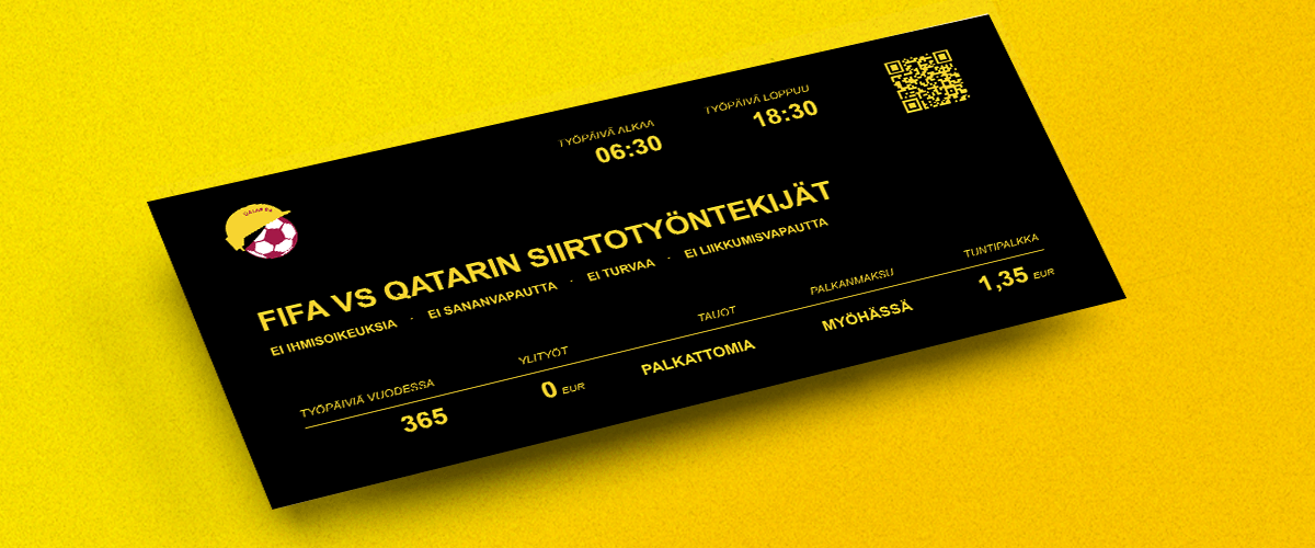 Muunnos jalkapallon ottelulipusta tekstillä Fiva vs Qatarin siirtotyöntekijät