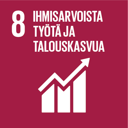 Kestävän kehityksen tavoite 8 logo: Ihmisarvoista työtä ja talouskasvua