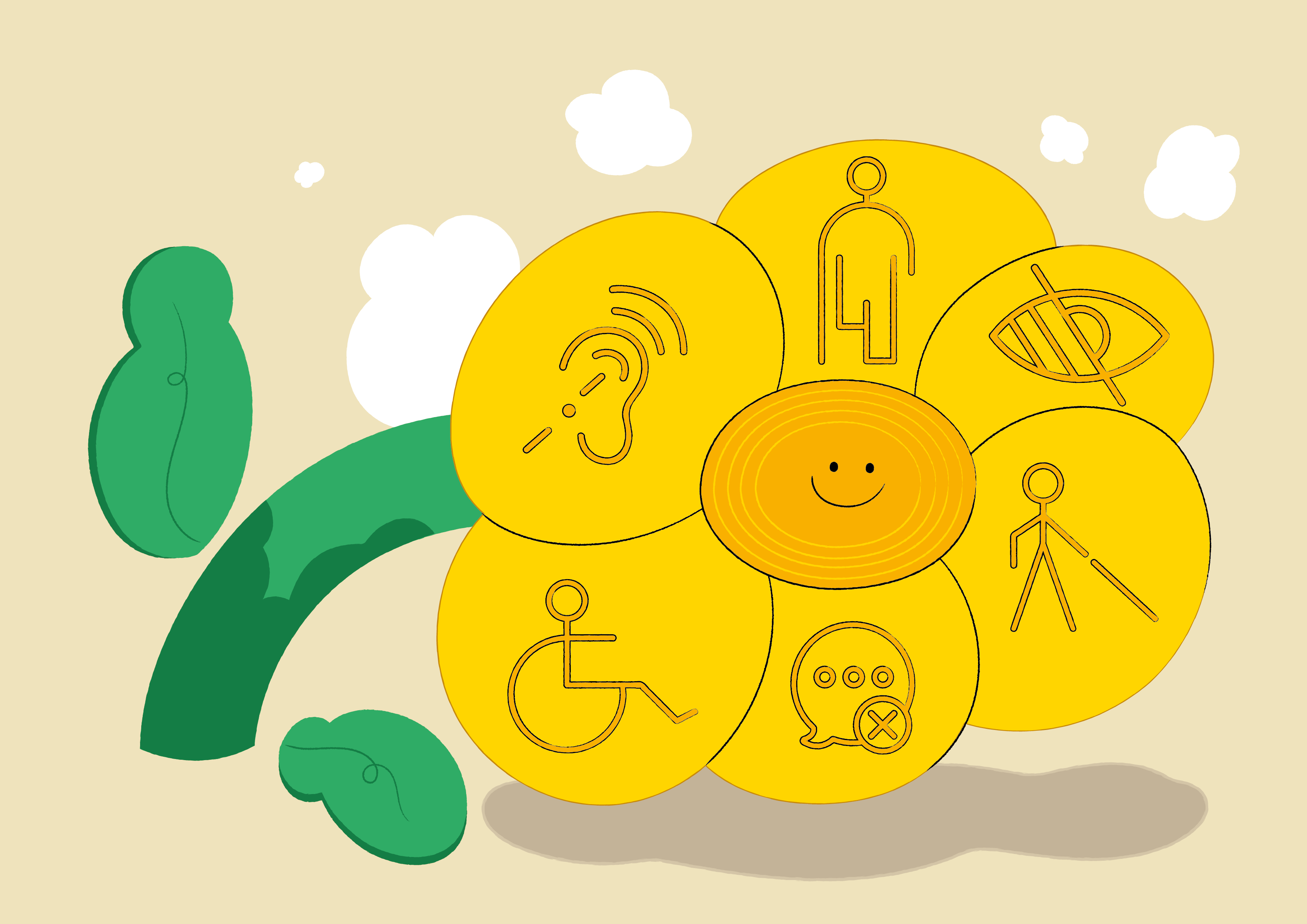 Piirroskuva, jossa keltainen kukka, jonka terälehdissä ihmisiä erilaisten vammojen kanssa