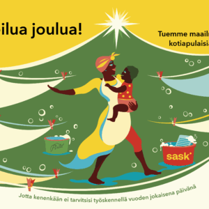 Joulukortti, jossa kuvituksena tummaihoinen nainen ja lapsi joulukuusen edessä